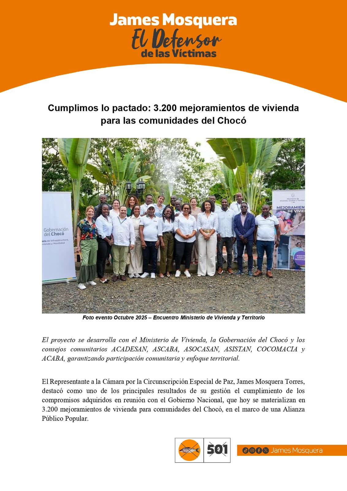 Cumplimos lo pactado: 3.200 mejoramientos de vivienda para las comunidades del Chocó